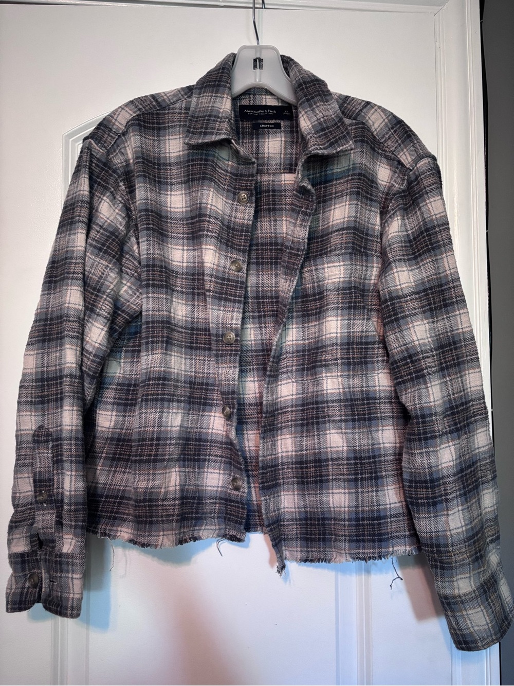 Abercrombie & Fitch Womens Cropped Plaid Button-Up Shirt in Tan Blue Size XS